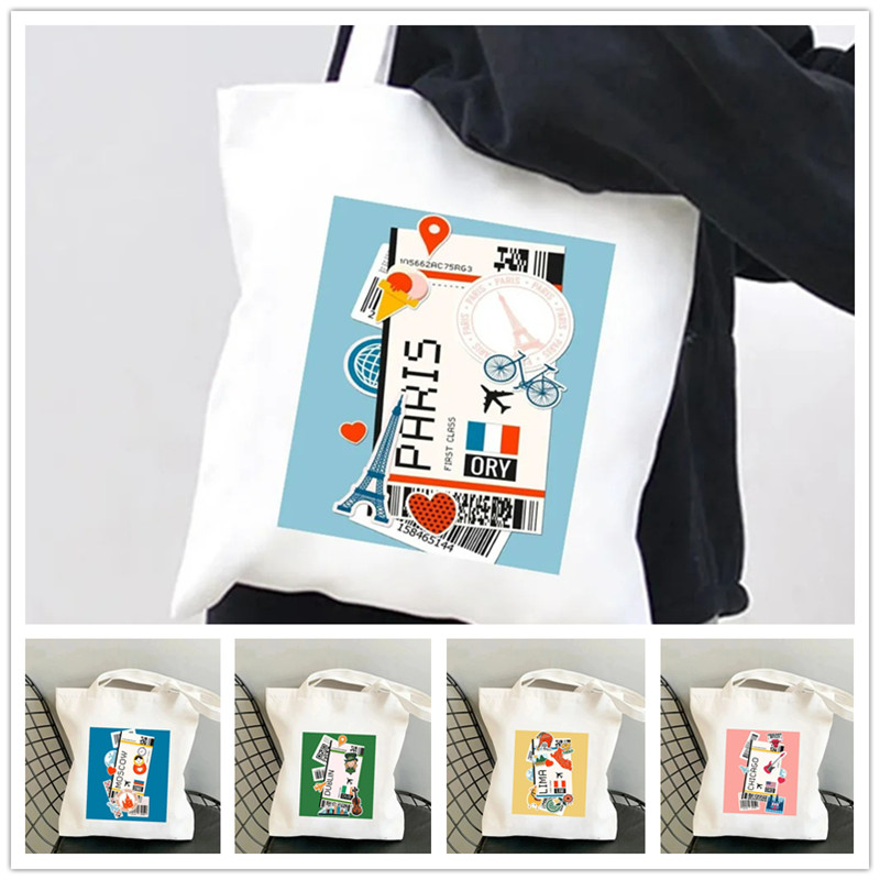 Women Bags Rome - حقيبة تسوق قماشية بتصميم تذاكر الطيران